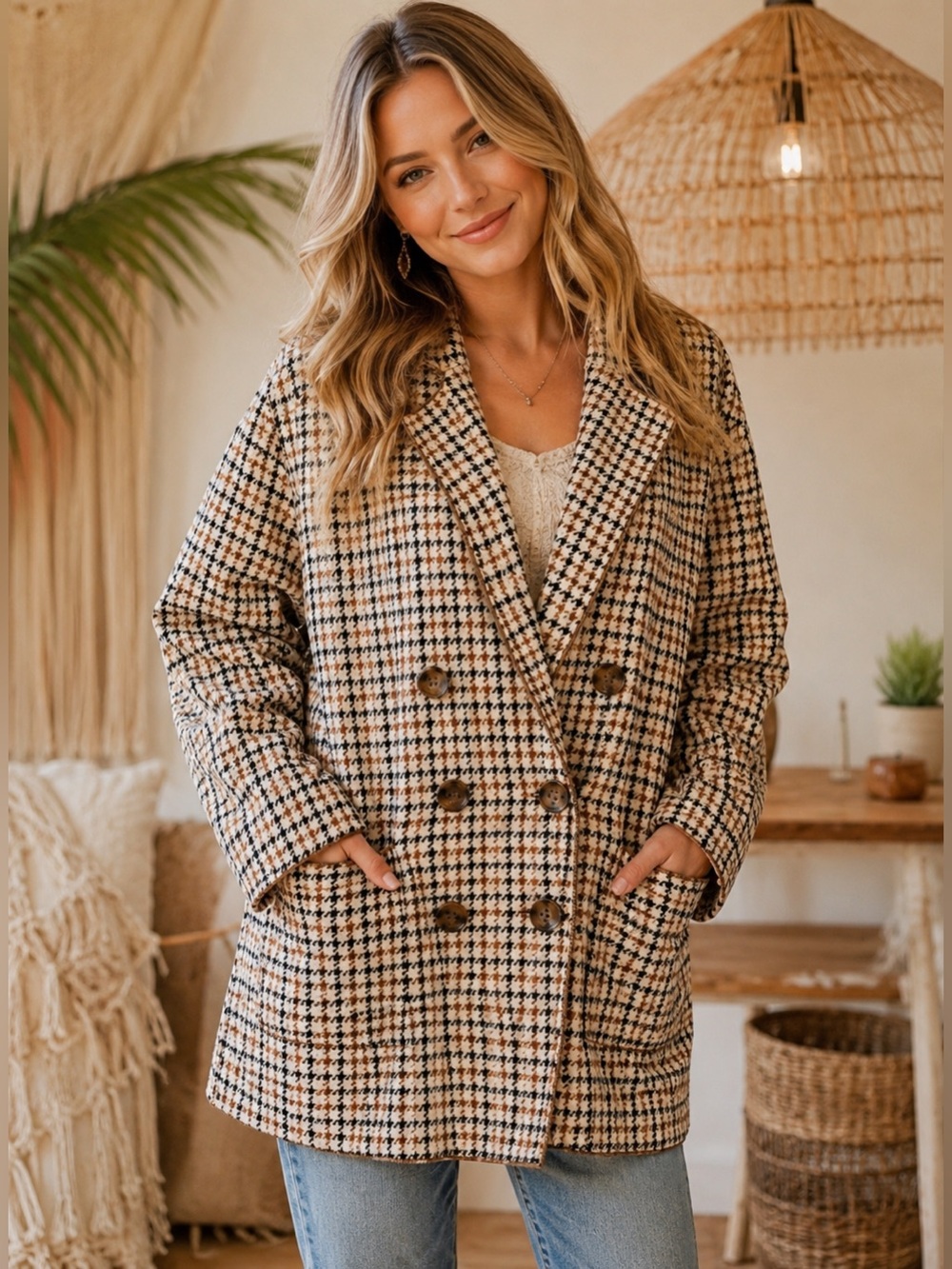 Houndstooth Double-Breasted Longline Cardigan Relaxed Fit Sweater Coat